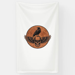 Vintage-Rabe-Geflügelter-Totenkopf-Orange-Mond-Vek Banner