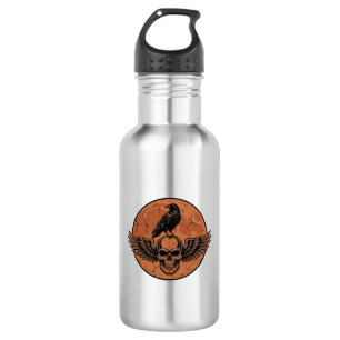 Vintage-Rabe-Geflügelter-Totenkopf-Orange-Mond-Vek Edelstahlflasche
