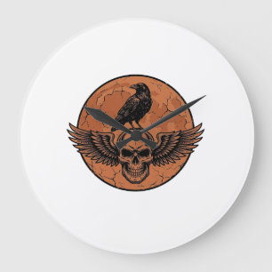 Vintage-Rabe-Geflügelter-Totenkopf-Orange-Mond-Vek Große Wanduhr