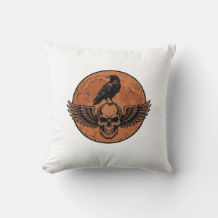 Vintage-Rabe-Geflügelter-Totenkopf-Orange-Mond-Vek Kissen