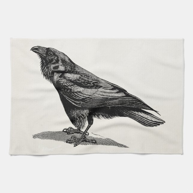 Vintage Raben-Krähen-Amsel-Vogel-Illustration Geschirrtuch (Horizontal)