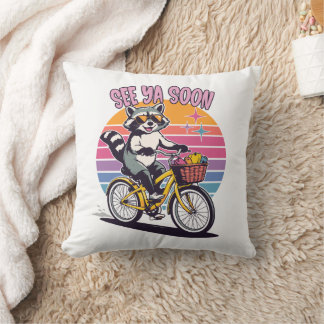 Vintage Raccoon Biking See Ya Soon Retro Sunset  Kissen