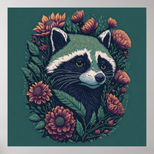 Vintage Raccoon Grüne Flora. Poster