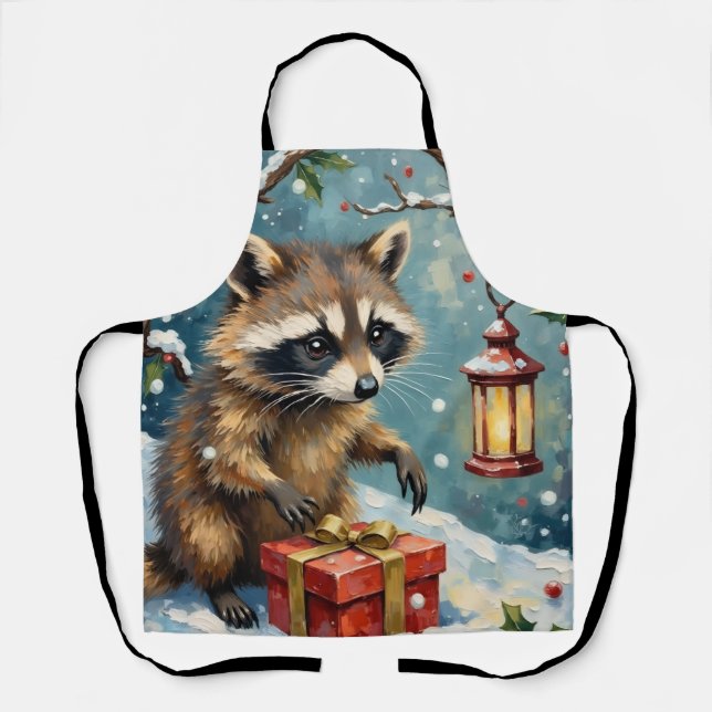 Vintage Raccoon Opening Christmas Gift Box Art Schürze (Vorderseite)