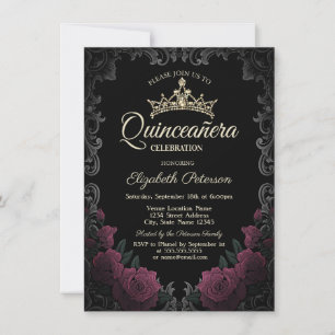 Vintage-Rahmen Dunkelrote Rosen Gothic Quinceañera Einladung