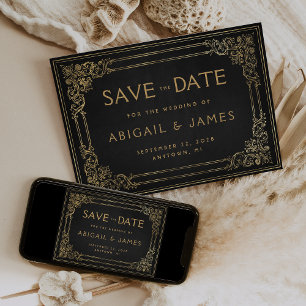 Vintage Rahmen Schwarz Gold Hochzeit Save the Date Einladung