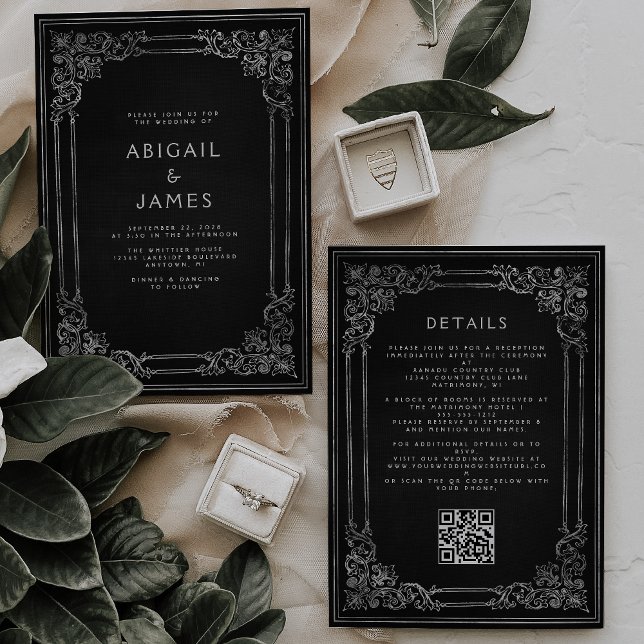 Vintage Rahmen Schwarz Silber QR Code Hochzeit Einladung (Von Creator hochgeladen)