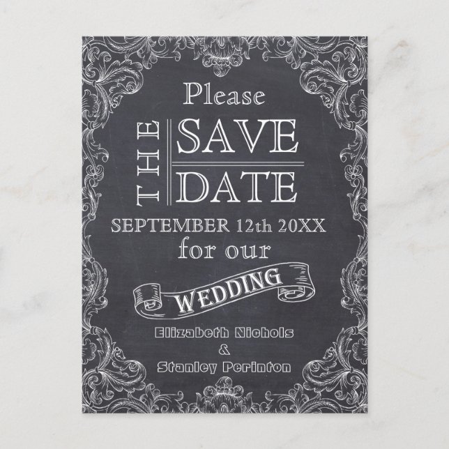 Vintage Rahmen- und Calkboard-Hochzeit Sichern des Ankündigungspostkarte (Vorderseite)