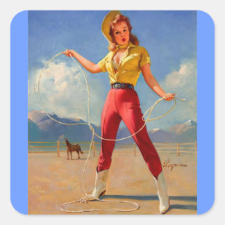Vintage-Ranch-Western-Pin-up-Girl Quadratischer Aufkleber