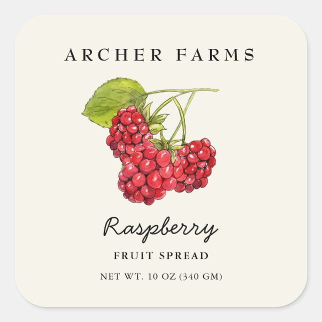 Vintage Raspberry fruit spread square Jar Label Quadratischer Aufkleber (Vorderseite)