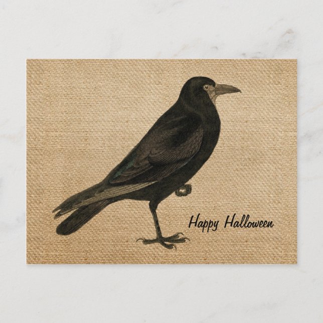 Vintage Raven Burlap Postcard personalisieren Postkarte (Vorderseite)
