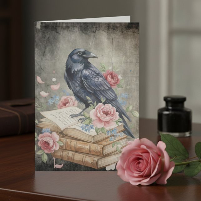 Vintage Raven Dark Academia Floral (Dark Academia Victorian Gothic notecard)