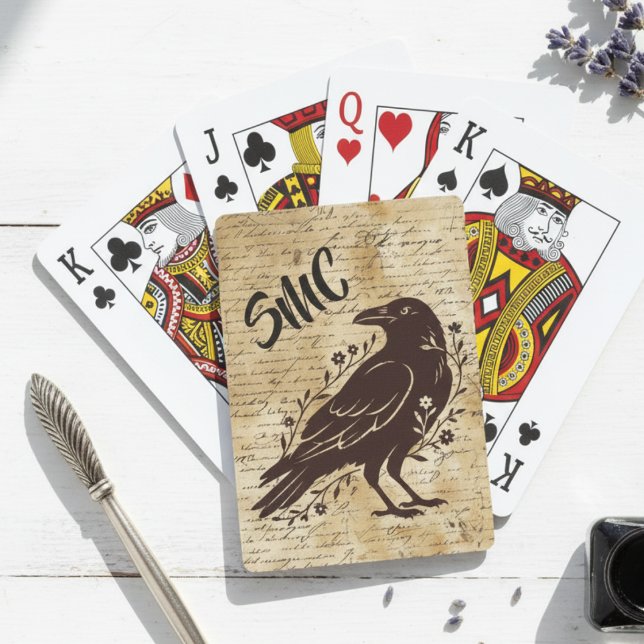 Vintage Raven Script Ästhetische Einzugsfeier Spielkarten (Monogram vintage raven poker cards)