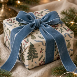 Vintage-Rebhuhn-Birnenbaum-Blaue-Schleife-Weihnach Geschenkpapier