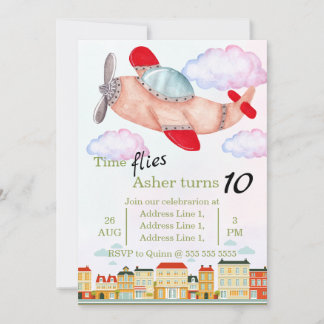 Vintage Red Airplane with Watercolor Clouds & City Einladung