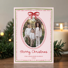 Vintage Red Bow Blush Pink Christmas 2 Photo Feiertagskarte