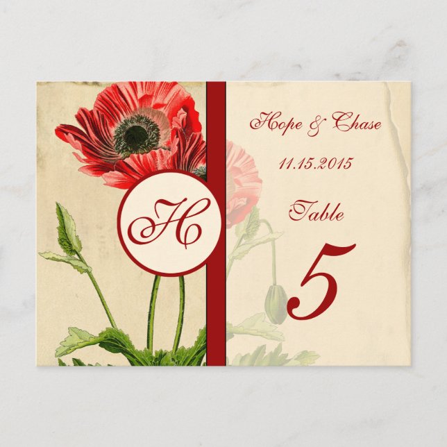 Vintage Red Burgundy Poppy Tischnummer Cards (Vorderseite)