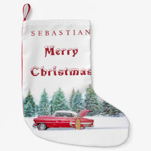 VINTAGE RED CAR Snowy Trees Custom Christmas Kleiner Weihnachtsstrumpf