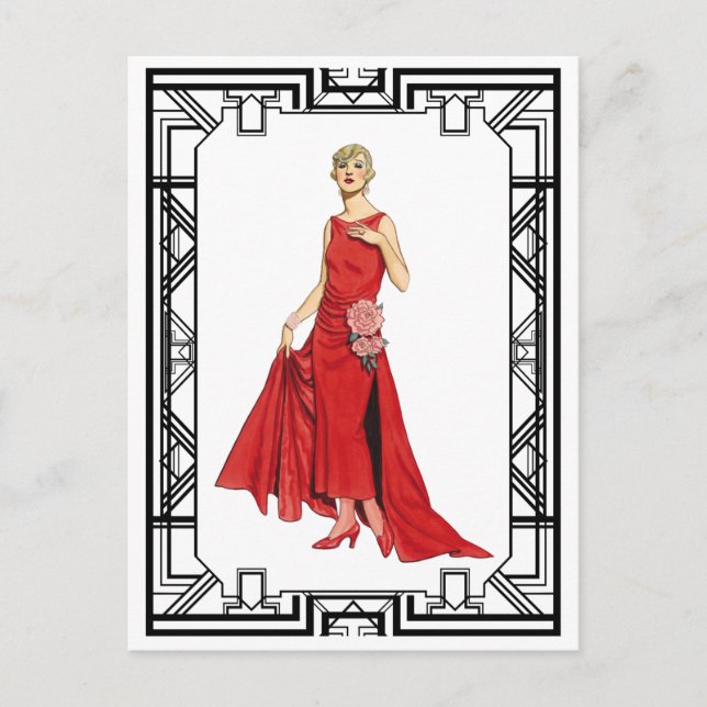 Vintage Red Flapper Slinky Silk Gown Mode Postkarte (Vorderseite)