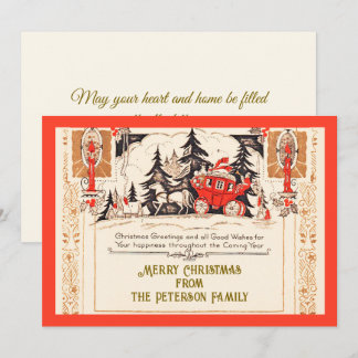 Vintage Red Gold Christmas Greetings Carriage Snow Feiertagskarte