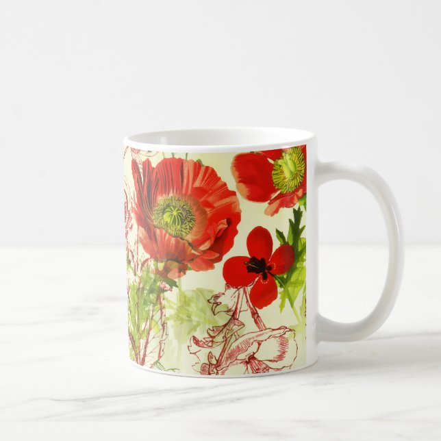 Vintage Red Green Poppies Sommer-Wildblumen Kaffeetasse (Rechts)