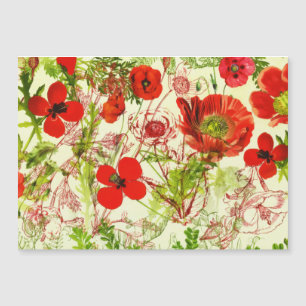 Vintage Red Green Poppies Sommer-Wildblumen Magnetkarte