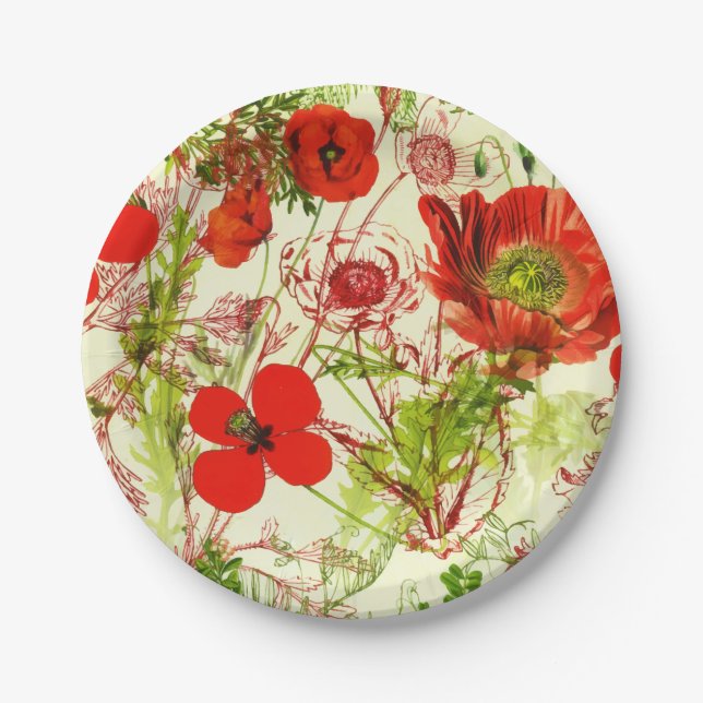 Vintage Red Green Poppies Sommer-Wildblumen Pappteller (Vorderseite)