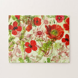 Vintage Red Green Poppies Sommer-Wildblumen Puzzle