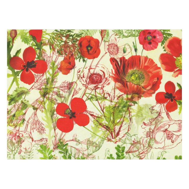 Vintage Red Green Poppies Sommer-Wildblumen Tischdecke (Vorderseite (Horizontal))
