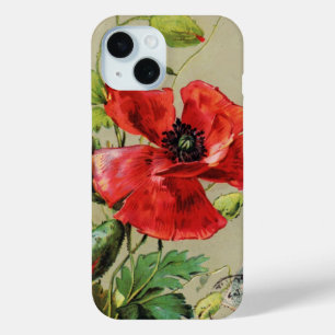 VINTAGE RED POPPY-BLUME IN GRAU iPhone 15 HÜLLE