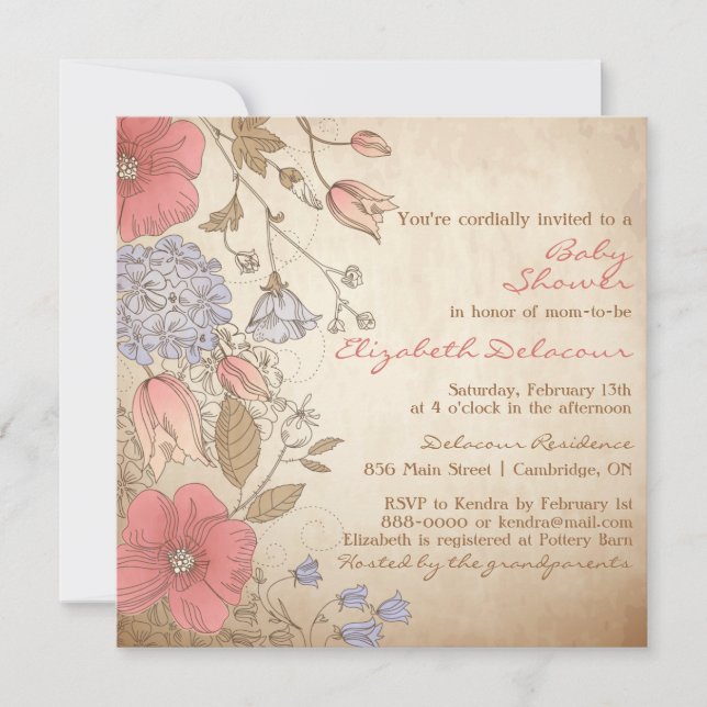 Vintage Red & Purple Flowers Kinderdusche Einladung (Vorderseite)