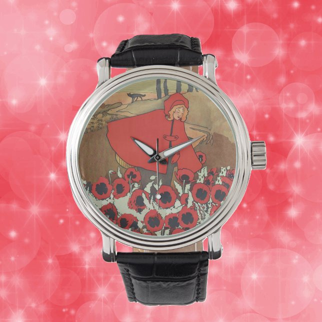 Vintage Red Riding Hood Wolf Poppy Blume Armbanduhr (Red riding hood in cap picking red flowers in field with wold on wrist watch.)