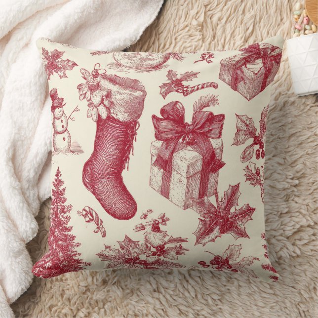 Vintage Red Toile Christmas Pattern with Stockings Kissen (Decke)