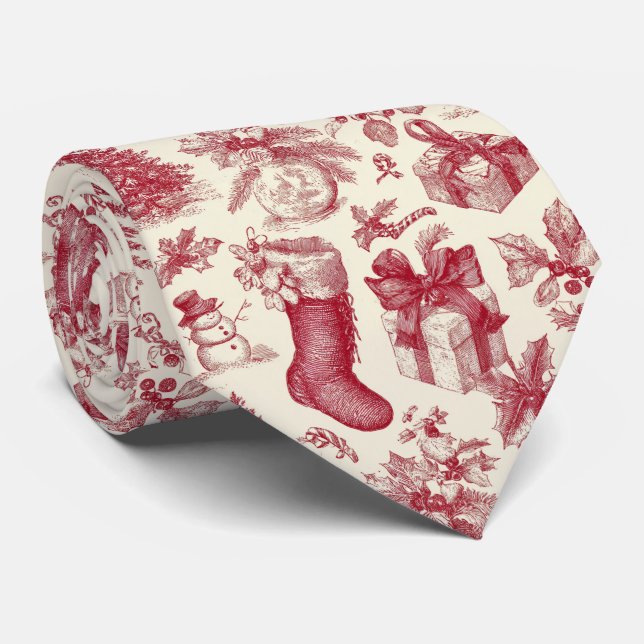 Vintage Red Toile Christmas Pattern with Stockings Krawatte (Gerollt)