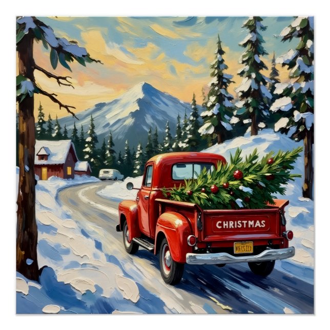Vintage Red Truck Carrying Christmas Tree Poster (Vorderseite)
