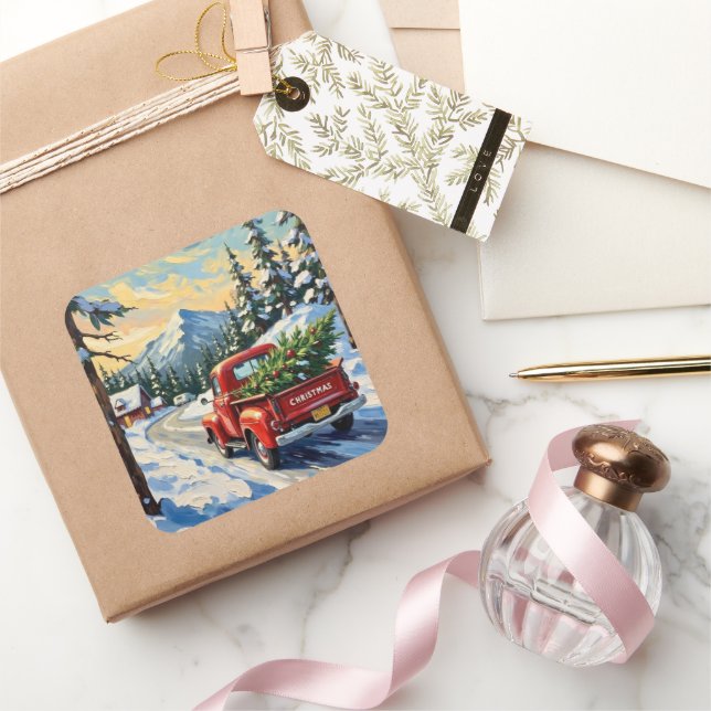 Vintage Red Truck Carrying Christmas Tree Quadratischer Aufkleber (Schenken)