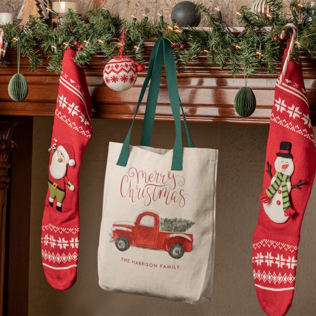 Vintage Red Truck | Family Christmas Monogram Tragetasche (Von Creator hochgeladen)