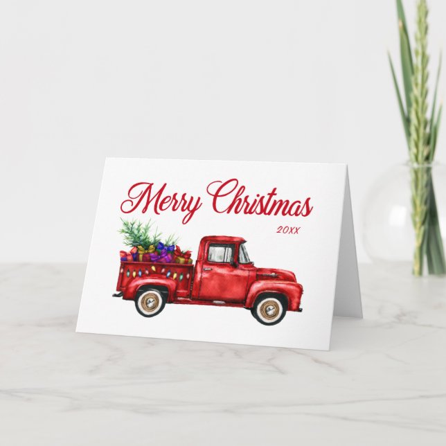 Vintage Red Truck Geschenke Bäume Frohe Weihnachte Karte (Vorderseite)