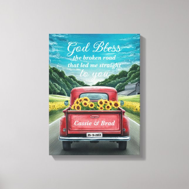 Vintage Red Truck Sunflowers Romantic Anniversary Leinwanddruck (Vorderseite)
