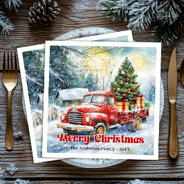 Vintage red truck winter scene rustic table napkin serviette