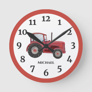 Vintage Red Watercolor Farm Tractor Round Clock Runde Wanduhr