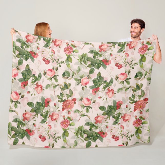 Vintage Redouté-Rose Muster pink Fleecedecke (Beispiel)