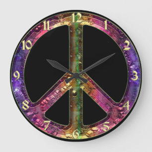 Vintage-Regenbogen-Metall-Friedenszeichen-Uhr Große Wanduhr