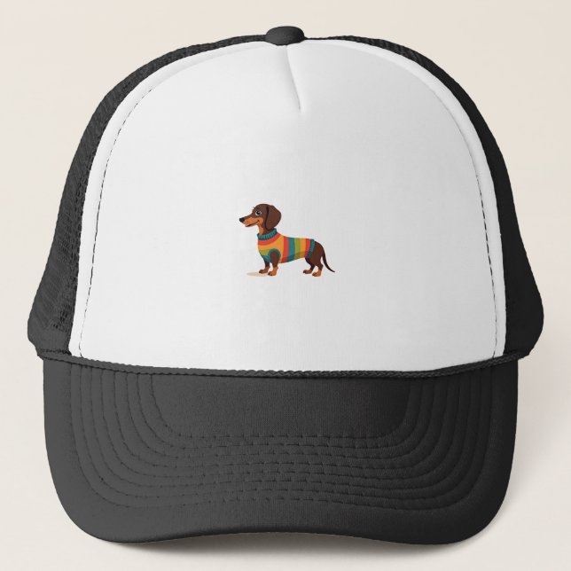 Vintage-Regenbogen-Pullover Dachshund Süßer langer Truckerkappe (Vorderseite)