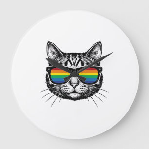Vintage-Regenbogen-Sonnenbrille Katze Pride-Shirt- Große Wanduhr
