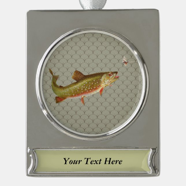 Vintage Regenbogenforelle Fischen Banner-Ornament Silber (Vorderseite)