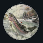 Vintage Regenbogenforelle Fischerei Dartscheibe<br><div class="desc">Vintages Illustrationsportdesign mit einem Fischer in einem Fluss. Eine Regenbogenforelle spritzt und springt aus dem Wasser.</div>