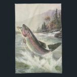Vintage Regenbogenforelle Fischerei Handtuch<br><div class="desc">Vintages Illustrationsportdesign mit einem Fischer in einem Fluss. Eine Regenbogenforelle spritzt und springt aus dem Wasser.</div>