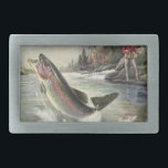 Vintage Regenbogenforelle Fischerei Rechteckige Gürtelschnalle<br><div class="desc">Vintages Illustrationsportdesign mit einem Fischer in einem Fluss. Eine Regenbogenforelle spritzt und springt aus dem Wasser.</div>