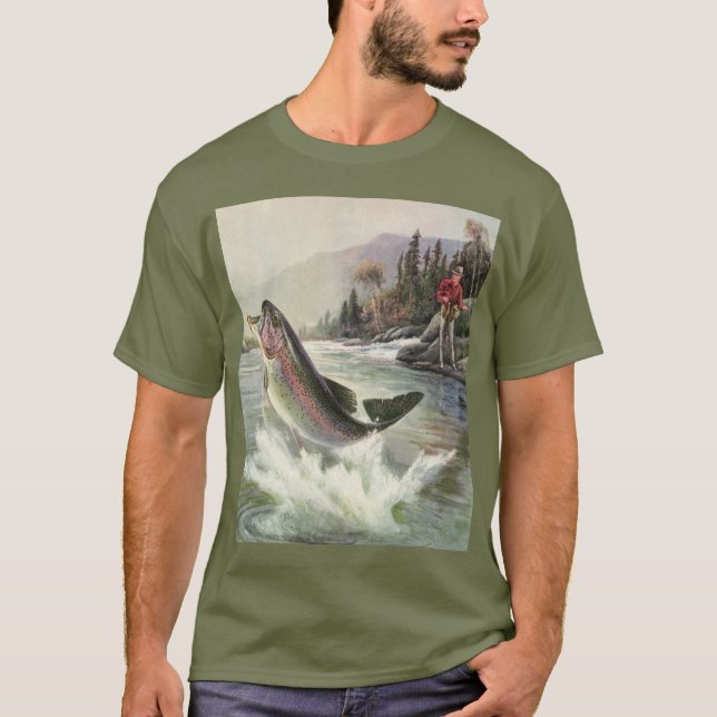 Vintage Regenbogenforelle Fischerei T-Shirt (Vorderseite)